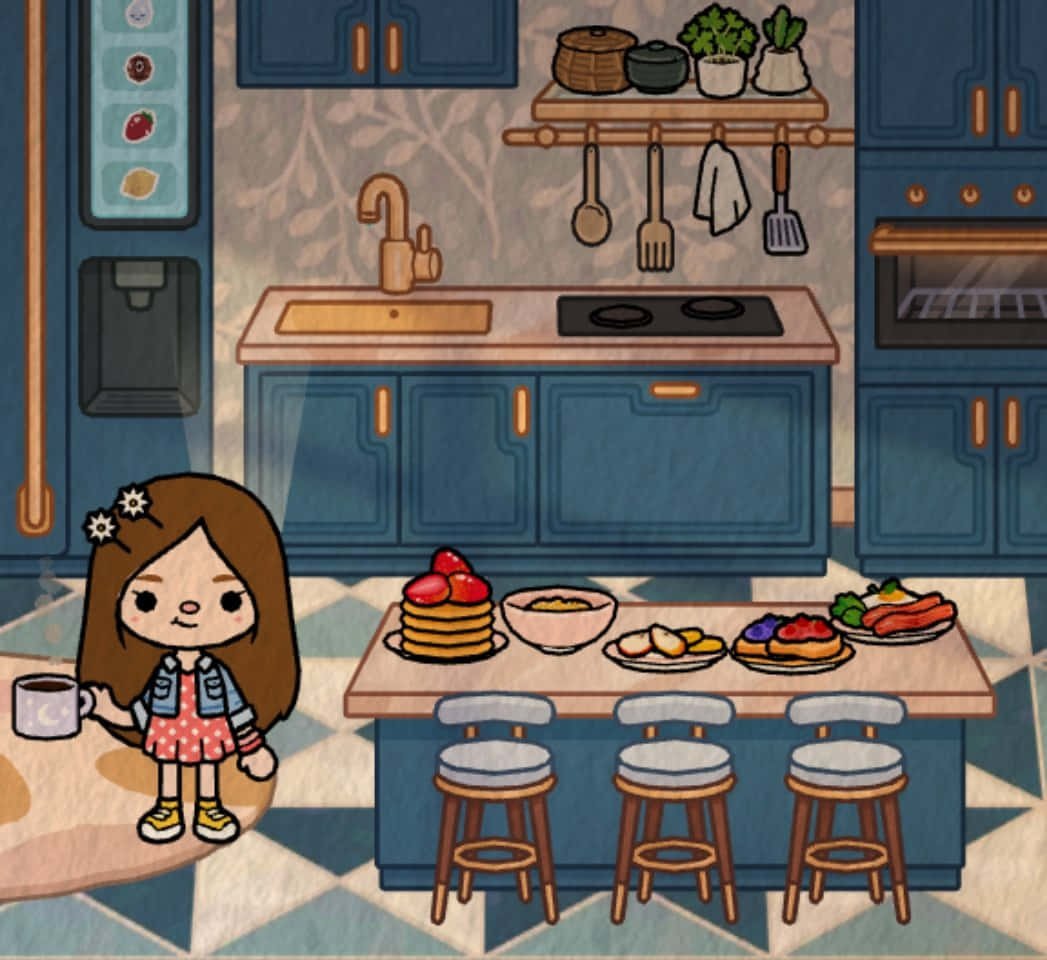 kitchen 桌布 壁紙 — 一個可愛的卡通女孩在一個舒適的藍色廚房裡拿著一個杯子，廚房裡充滿了早餐食物和掛著的器具。
