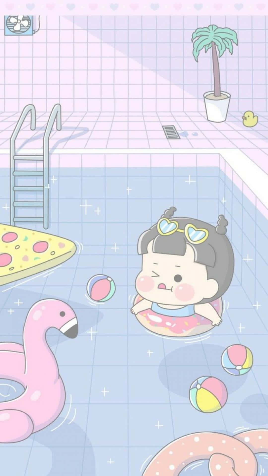 動畫 桌布 壁紙 — 一個可愛的卡通女孩戴著心形太陽眼鏡，漂浮在一個被充氣玩具和棕櫚樹環繞的柔和色調泳池中。
