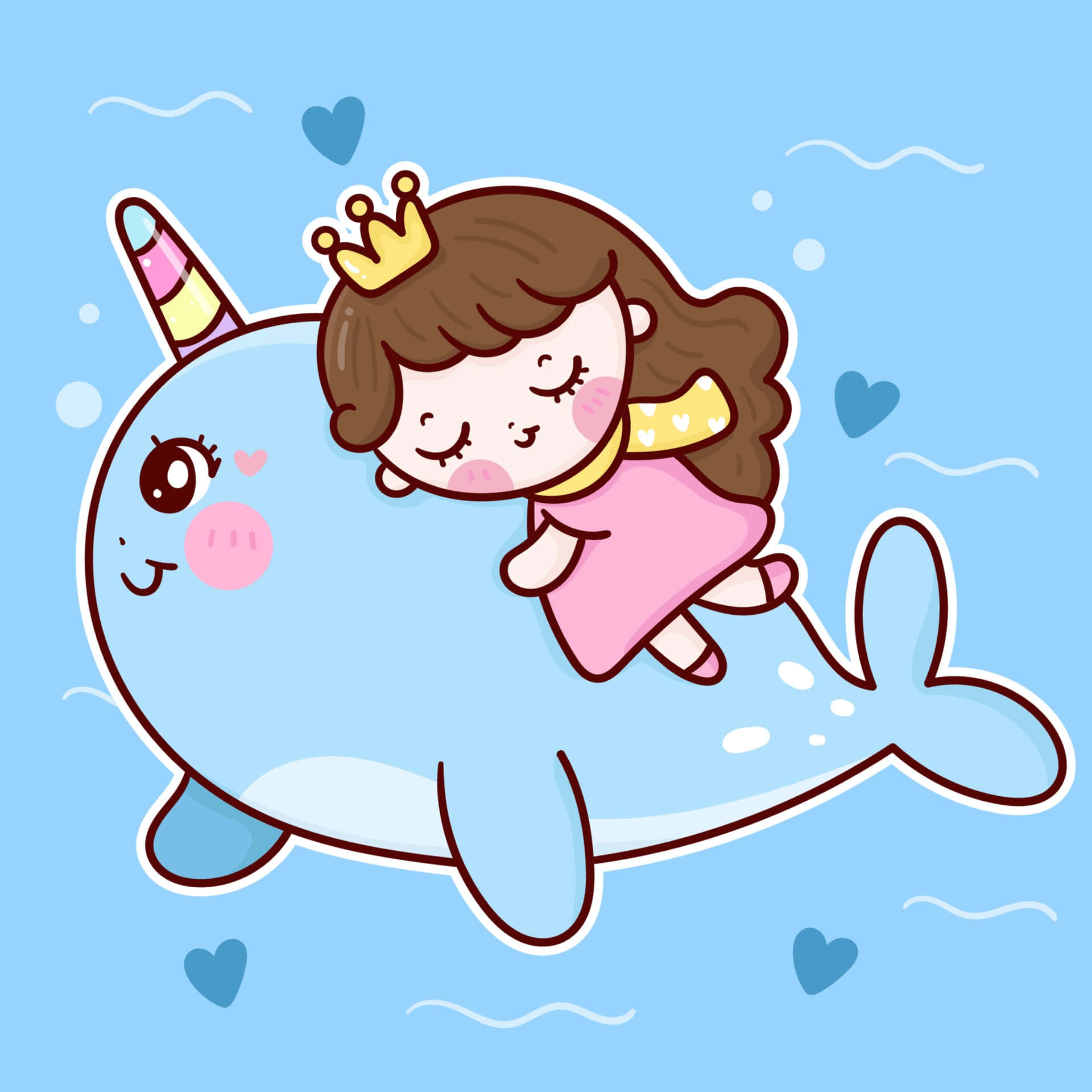 Narwhal 桌布 壁紙 — 一個可愛的卡通女孩戴著皇冠，在微笑的獨角鯨上平靜地睡覺，獨角鯨有彩虹角，背景是淺藍色和心形。