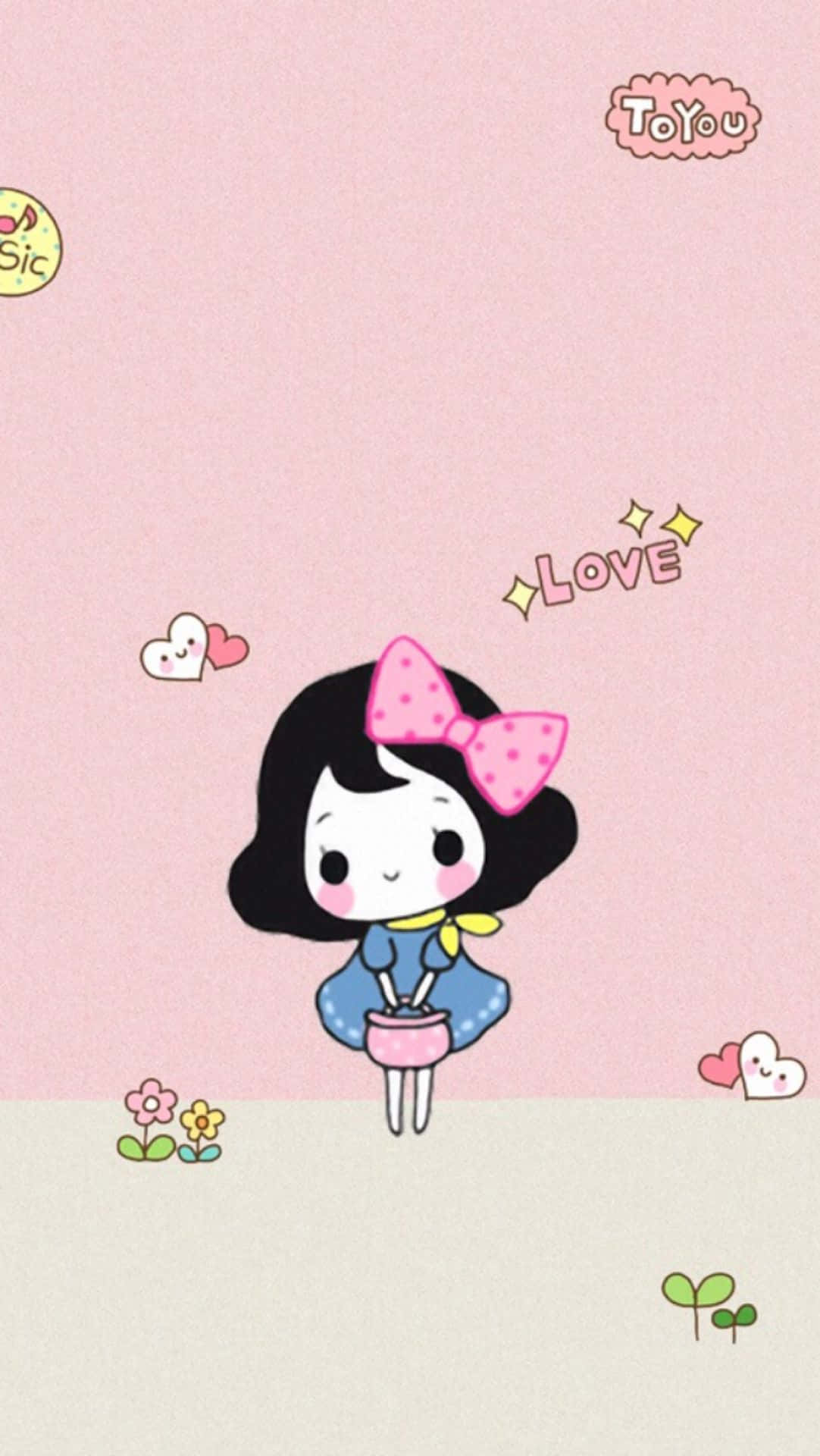 Cute Girl 桌布 壁紙 — 一個可愛的卡通女孩戴著粉紅色蝴蝶結，在柔和的粉紅色背景前拿著杯子，背景有漂浮的心形和花朵。