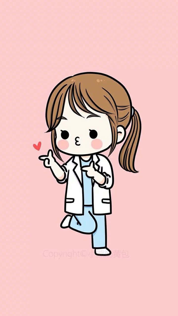 Md 桌布 壁紙 — 一個可愛的卡通女孩穿著白色實驗室外套和藍色手術服，在柔和的粉紅色背景前，旁邊漂浮著一個粉紅色的心形，她頑皮地指著。