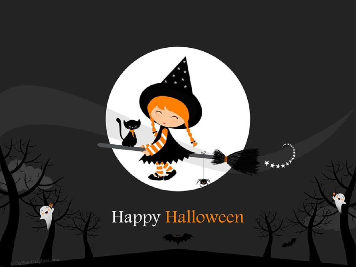 Witch Hats 桌布 壁紙 — 一個可愛的卡通女巫，橙色辮子，騎著掃帚在滿月前飛行，旁邊有一隻黑貓和一隻蜘蛛。