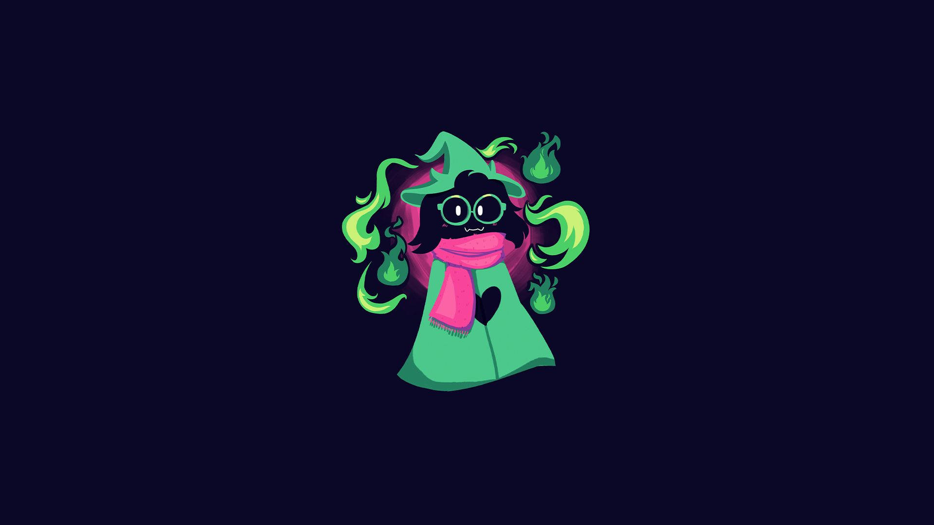 Ralsei 桌布 壁紙 — 一個可愛的卡通女巫，綠色頭髮和粉紅色圍巾，站在黑暗背景前，有發光的綠色火焰。