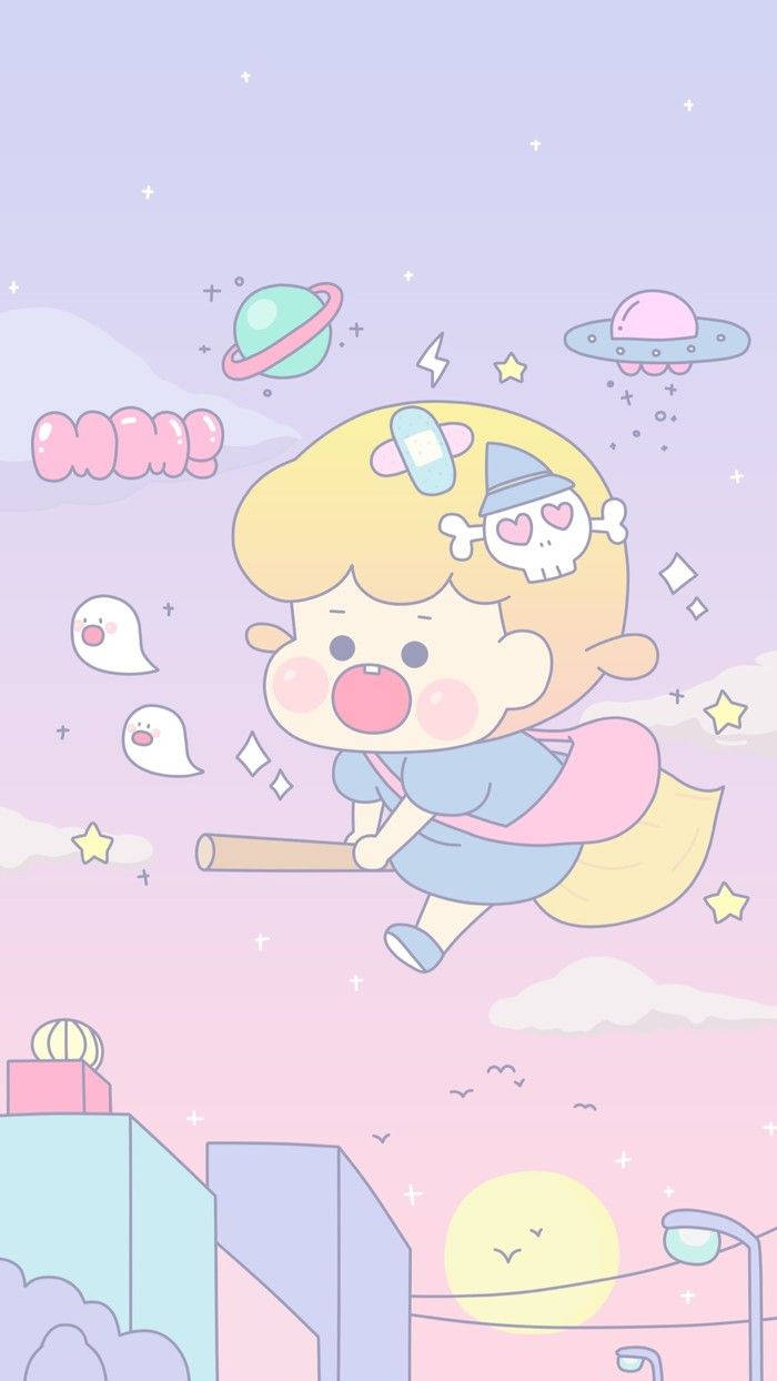 一個卡通女巫騎著掃帚飛過有星星和鬼魂的粉彩天空。 — 粉彩可愛動圖 壁紙