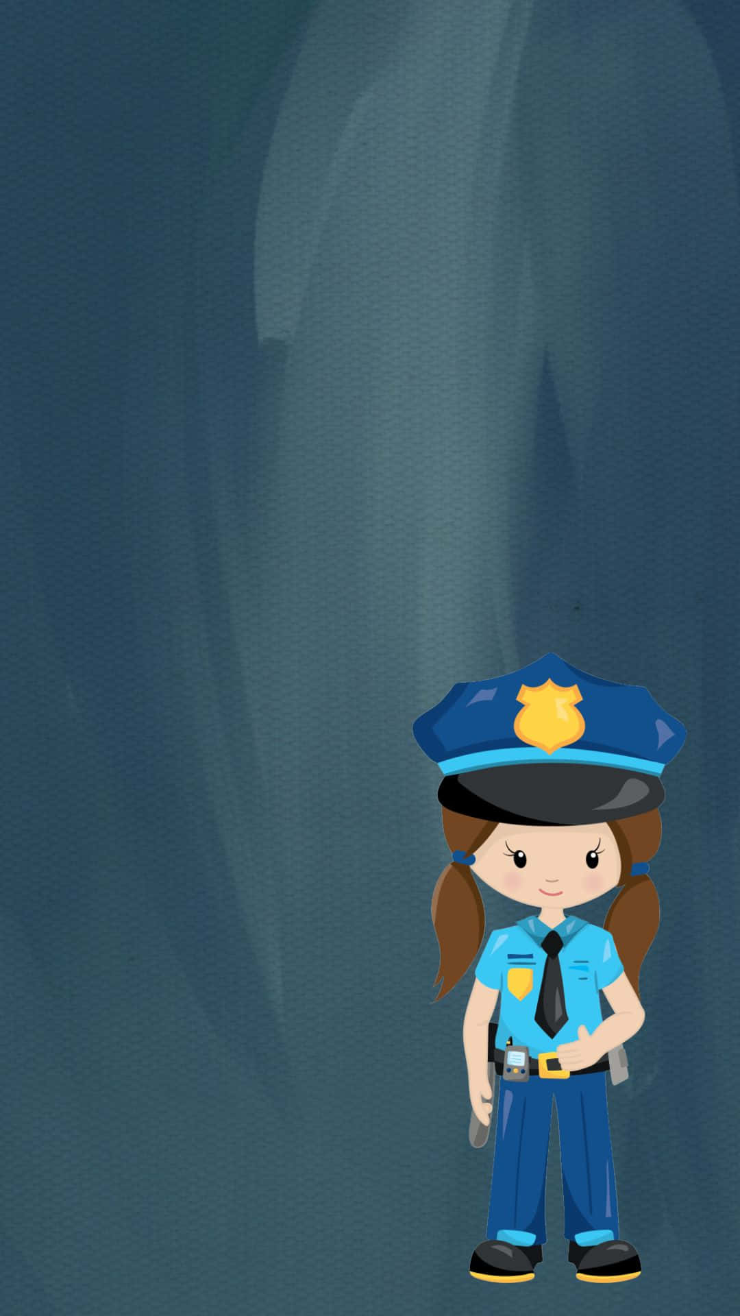 警察 桌布 壁紙 — 一個可愛的卡通女警穿著藍色制服，站在深色紋理背景前。
