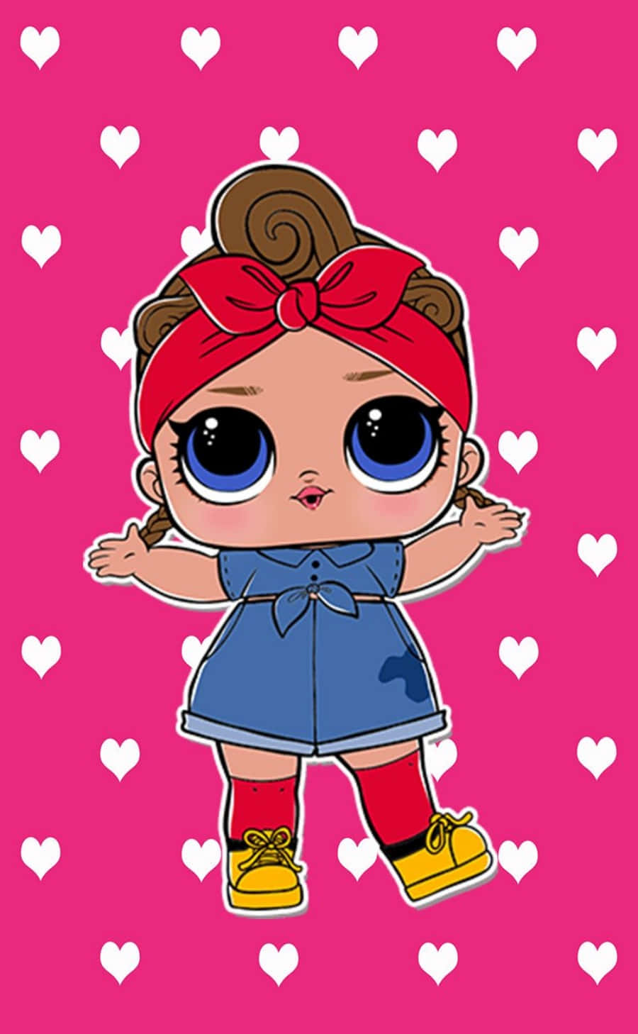 Lol Doll 桌布 壁紙 — 一個可愛的卡通娃娃，擁有大大的藍色眼睛和紅色蝴蝶結，站在充滿白色心形的粉紅色背景前。