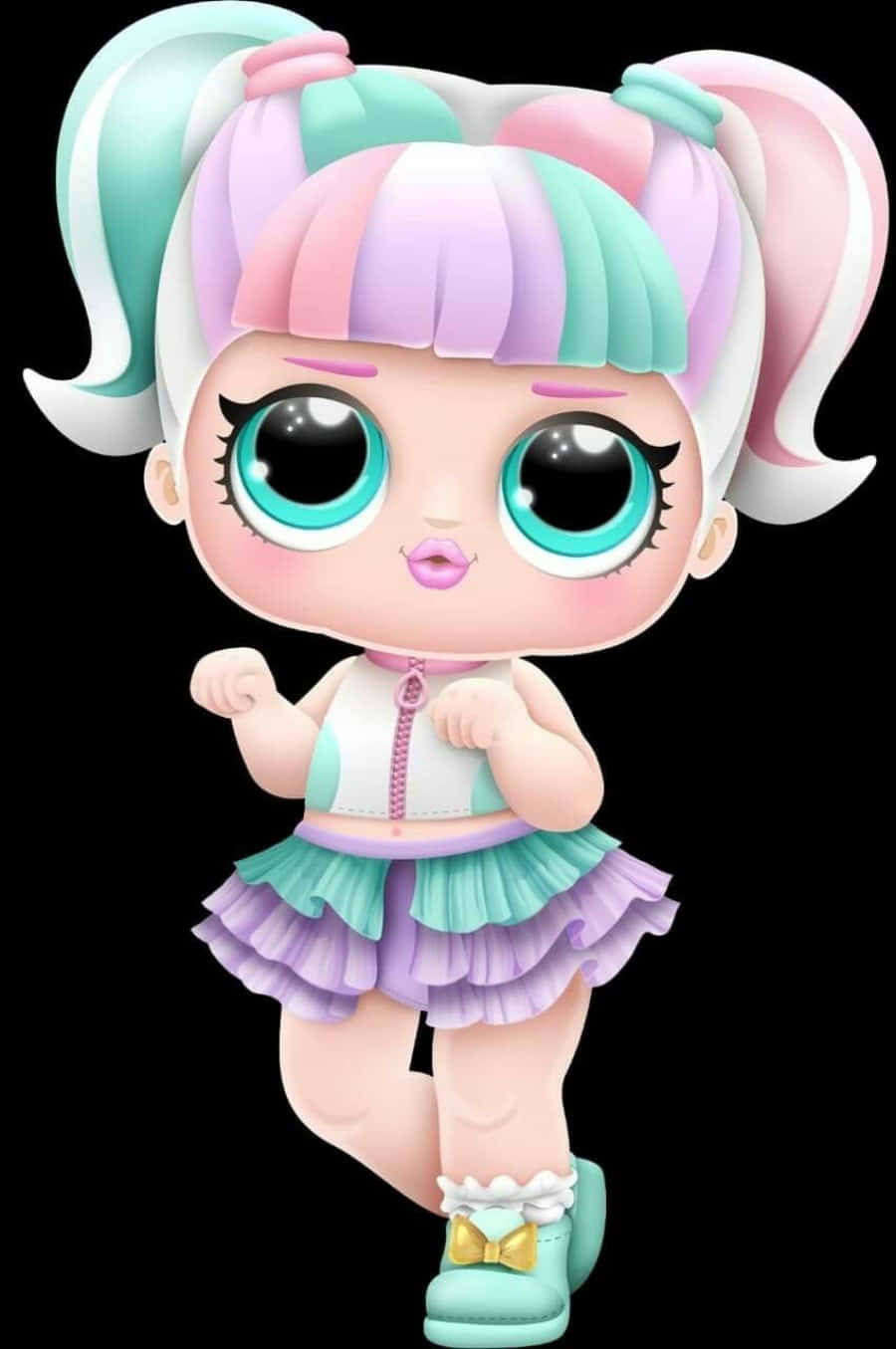 Lol Doll 桌布 壁紙 — 一個可愛的卡通娃娃，擁有粉彩彩虹頭髮和大大的青綠色眼睛，穿著多層裙子和靴子自信地擺姿勢。