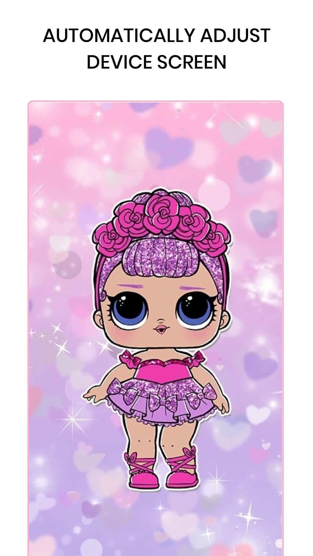 Lol Doll 桌布 壁紙 — 一個可愛的卡通娃娃，擁有粉紅玫瑰頭髮和閃亮裙子，站在閃爍的心形背景前。