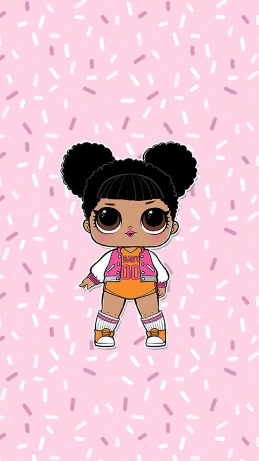 Lol Doll 桌布 壁紙 — 一個可愛的卡通娃娃，有大眼睛和兩個黑色髮髻，站在粉紅色背景前，背景上有白色和紫色的糖針。