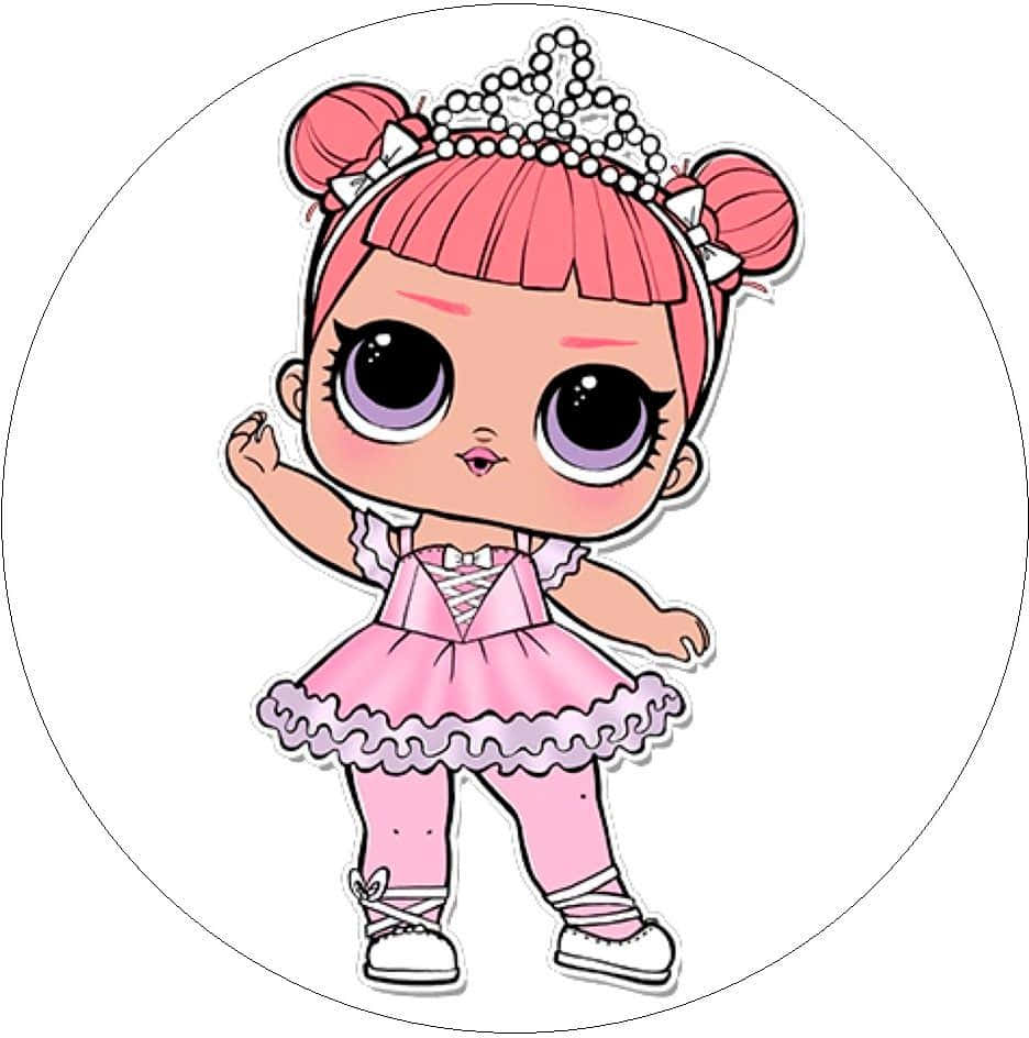Lol Coloring 桌布 壁紙 — 一個可愛的卡通娃娃，粉紅色頭髮和芭蕾舞服裝，在白色背景前開心地擺姿勢。