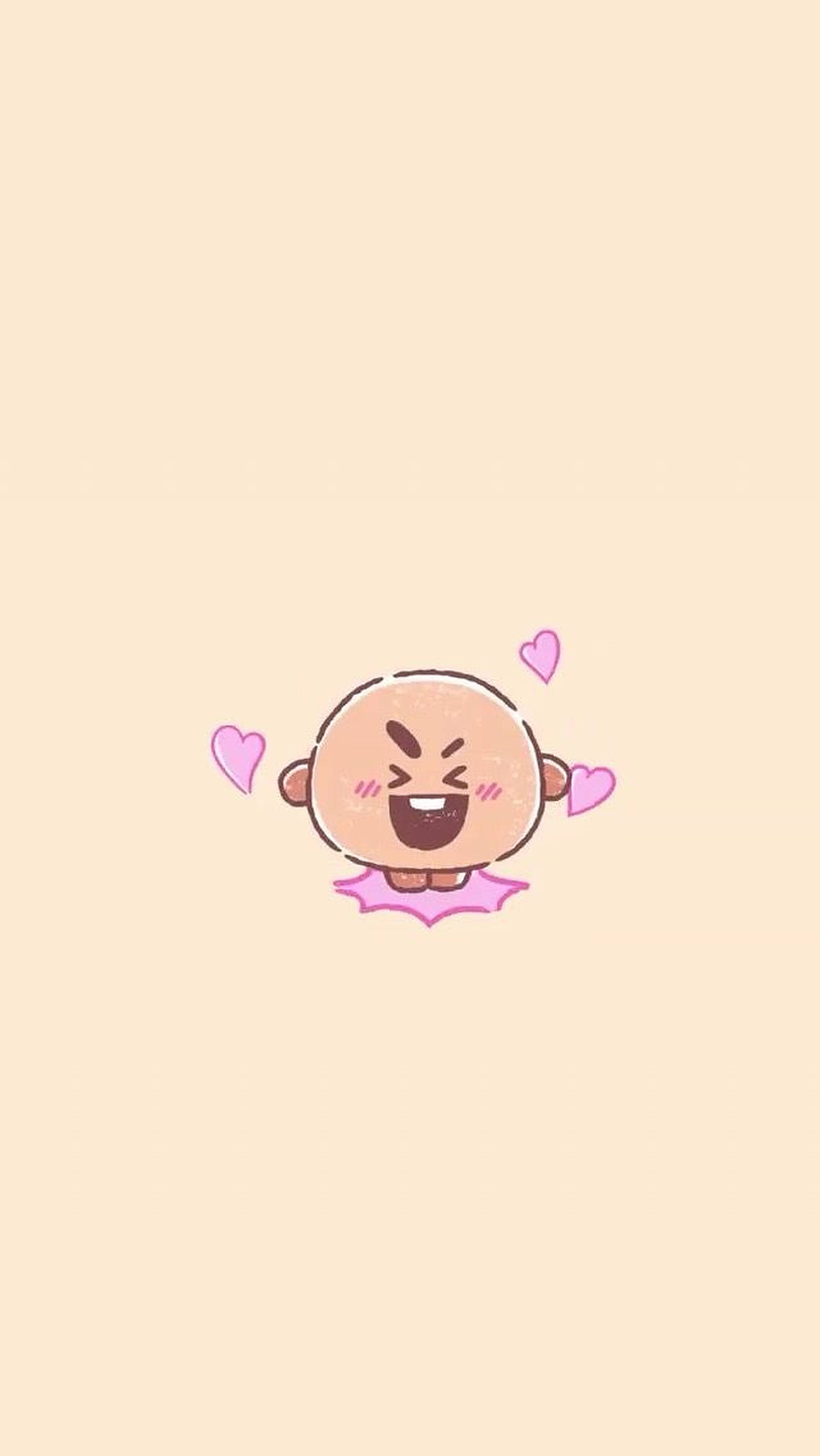 shooky bt21 桌布 壁紙 — 一個可愛的卡通嬰兒，帶著喜悅的表情，粉紅色的心形在頭部周圍漂浮，背景是柔和的米色。