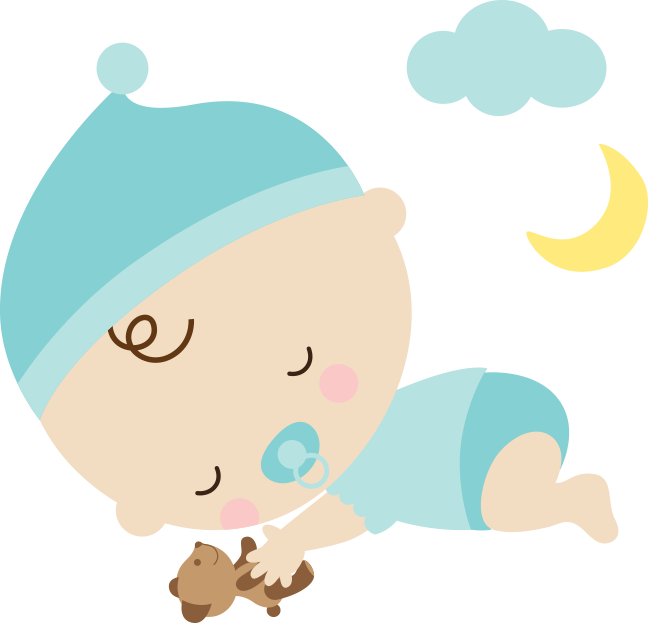 Sleeping 桌布 壁紙 — 一個可愛的卡通嬰兒穿著藍色連體衣和帽子，在彎月和雲朵下抱著泰迪熊安詳地睡覺。