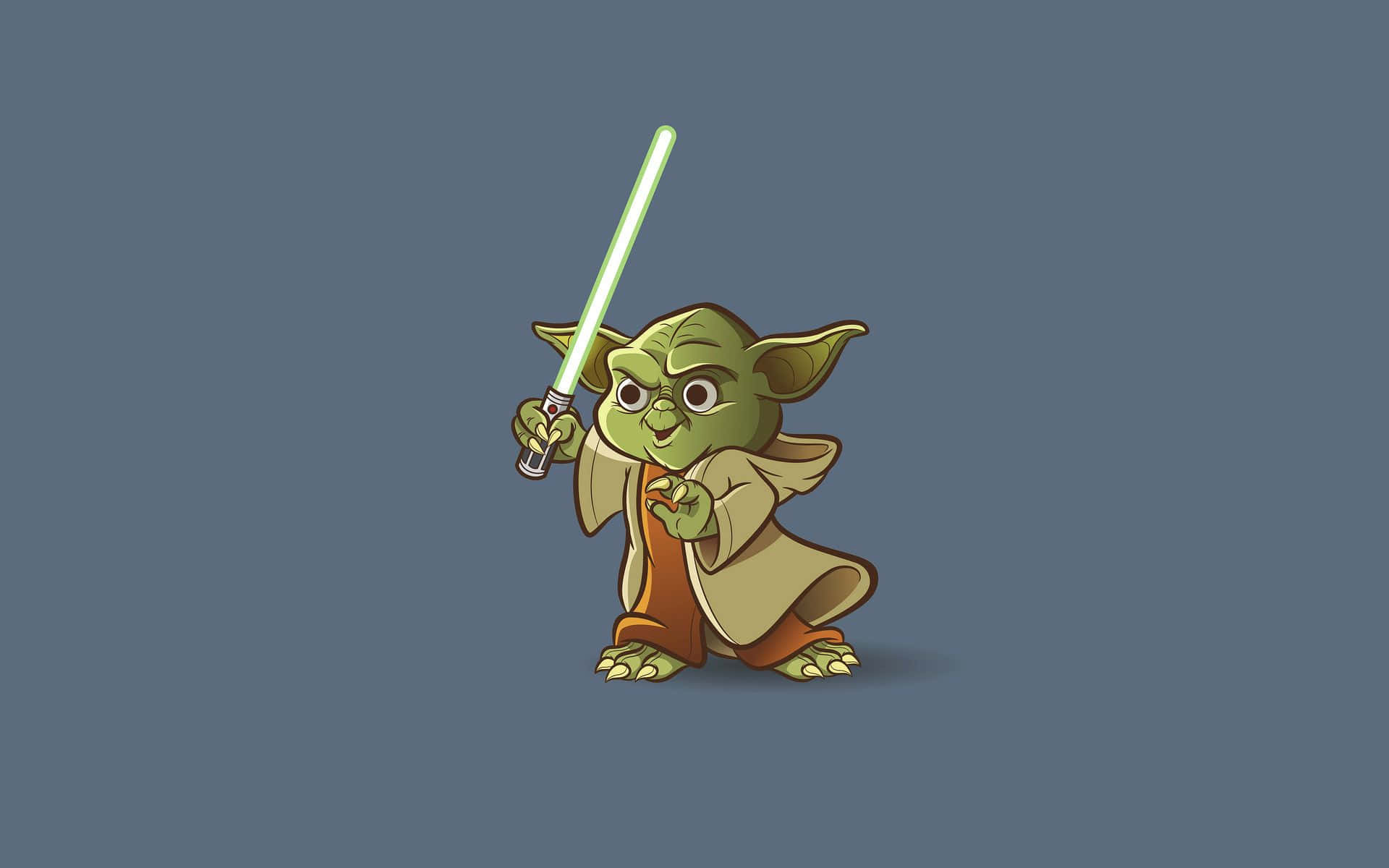 Lightsaber 桌布 壁紙 — 一個可愛的卡通尤達在純藍灰色背景上拿著發光的綠色光劍。