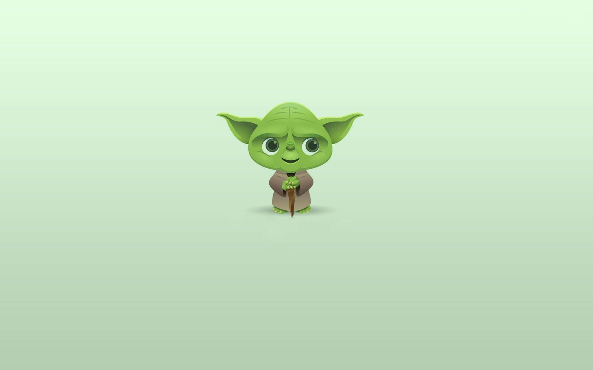 Yoda 桌布 壁紙 — 一個可愛的卡通尤達站在柔和的綠色漸變背景前微笑。