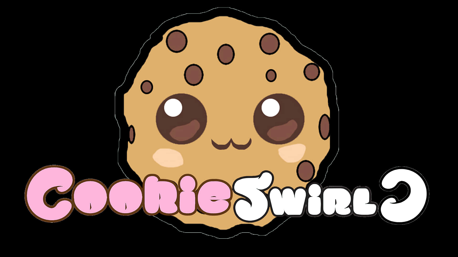 Cookie Swirl C 桌布 壁紙 — 一個可愛的卡通巧克力餅乾，有大眼睛和紅潤的臉頰，在黑色背景上微笑，並帶有「Cookie Swirl」文字。
