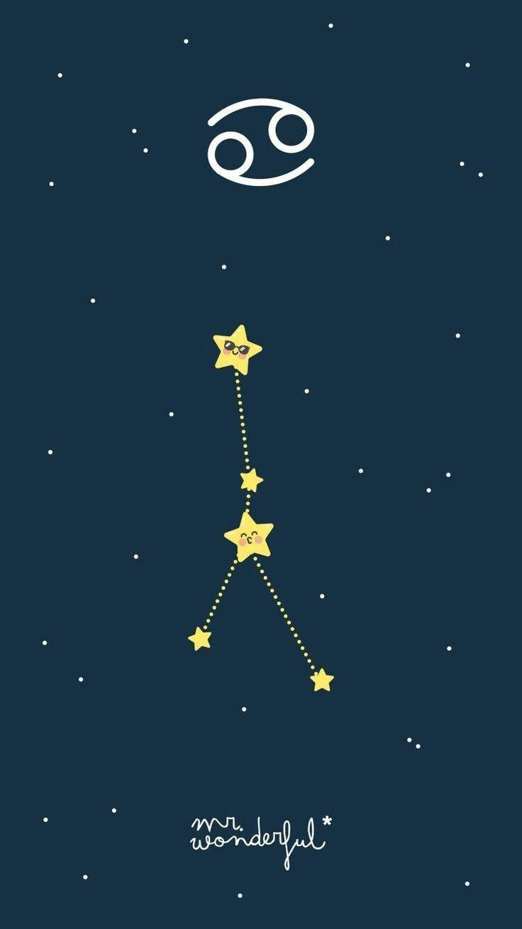 Cancer Aesthetic 桌布 壁紙 — 一個可愛的卡通巨蟹座，微笑的星星由虛線連接，背景是深藍色的星空。