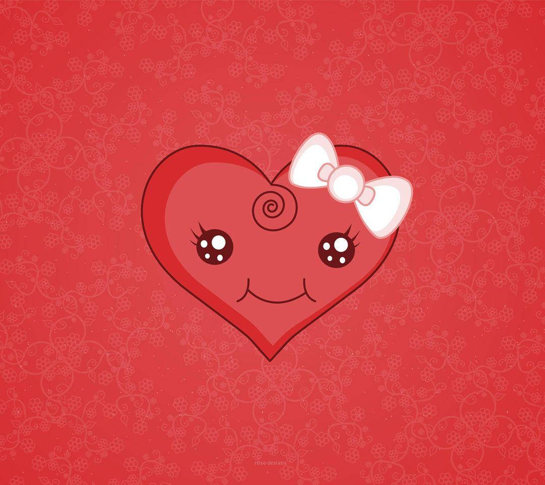 Cute Heart 桌布 壁紙 — 一個可愛的卡通心形，帶有白色蝴蝶結和微笑的臉，在紅色花卉圖案背景上。