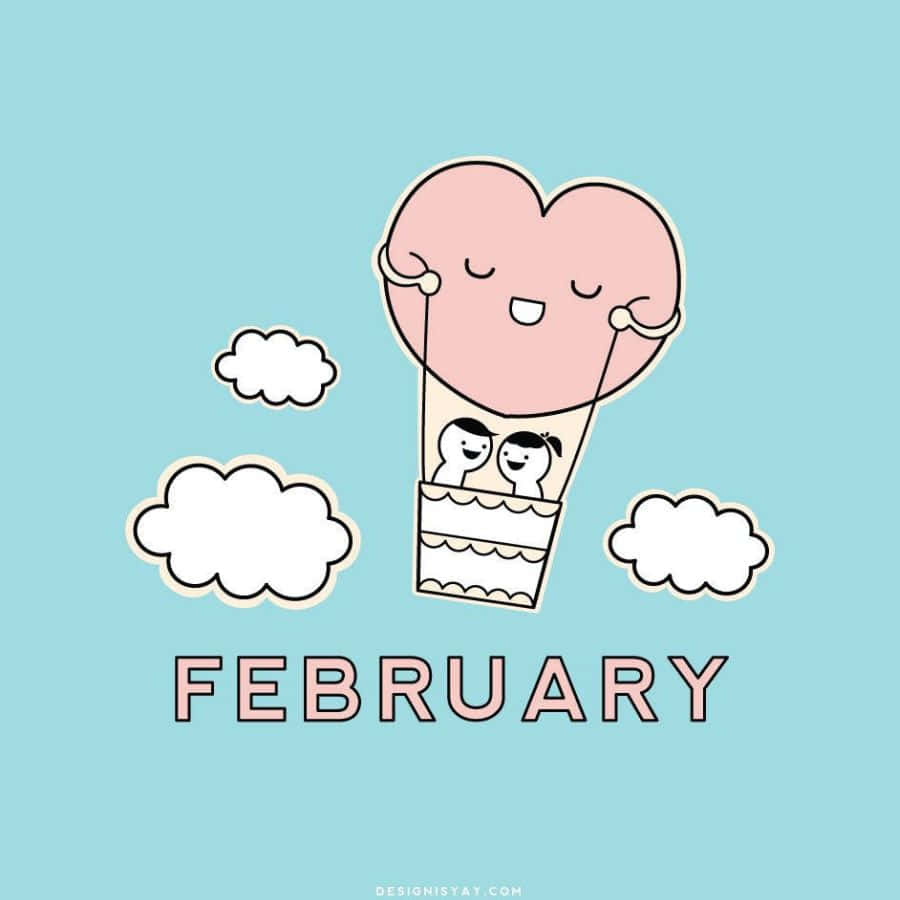 一個粉紅色心形熱氣球，上面有兩個笑臉，與「February」字樣一起漂浮在雲朵之間。 — 二月 GIF 壁紙