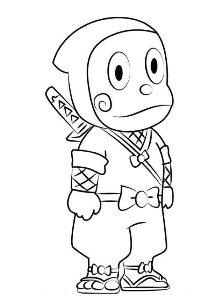 動漫男孩 桌布 壁紙 — 一個可愛的卡通忍者全副武裝站立，背上有劍和蝴蝶結細節。