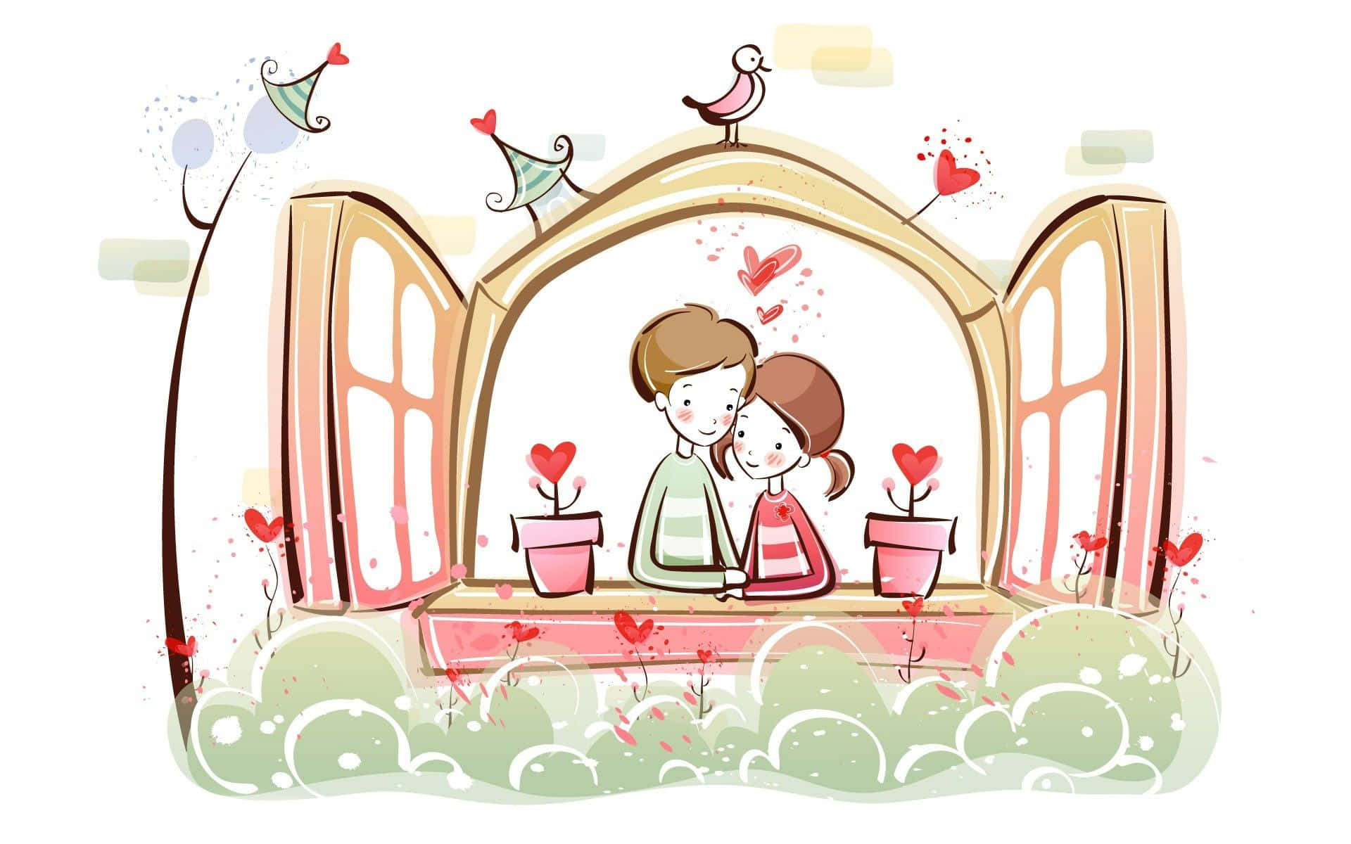 couple love 桌布 壁紙 — 一個可愛的卡通情侶一起坐在窗台上，周圍環繞著心形植物和鳥類，構成一個異想天開的插圖場景。