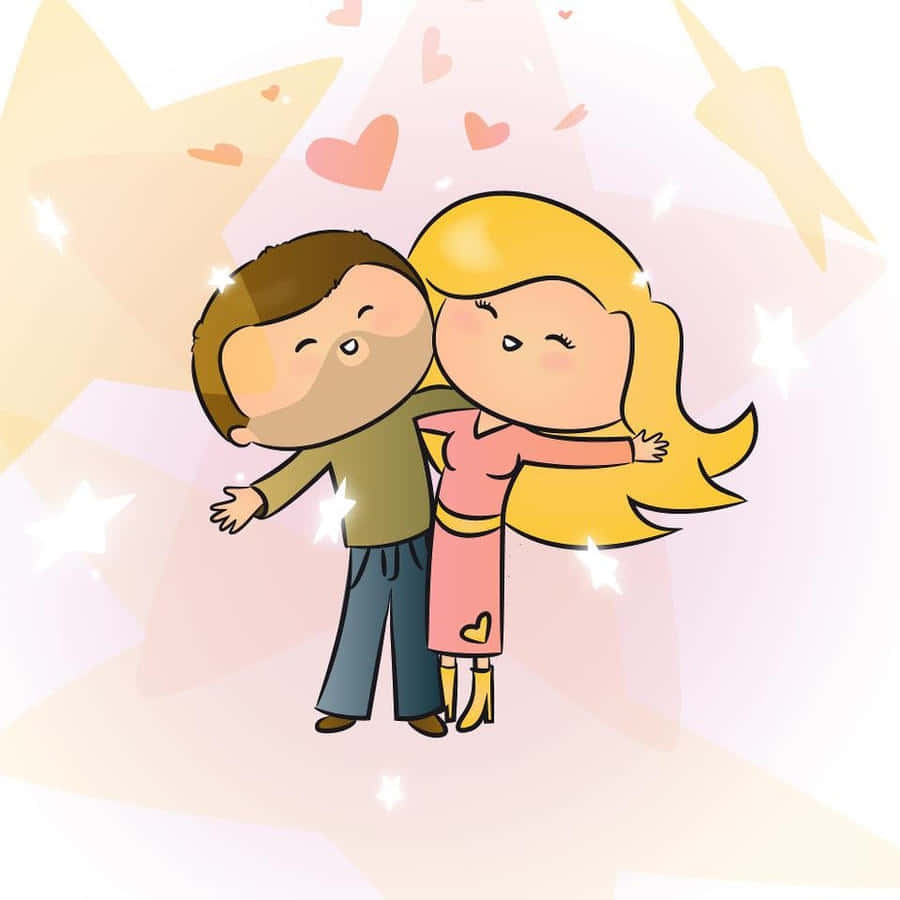 couple love 桌布 壁紙 — 一個可愛的卡通情侶在充滿漂浮愛心和星星的柔和粉彩背景中溫暖地擁抱。