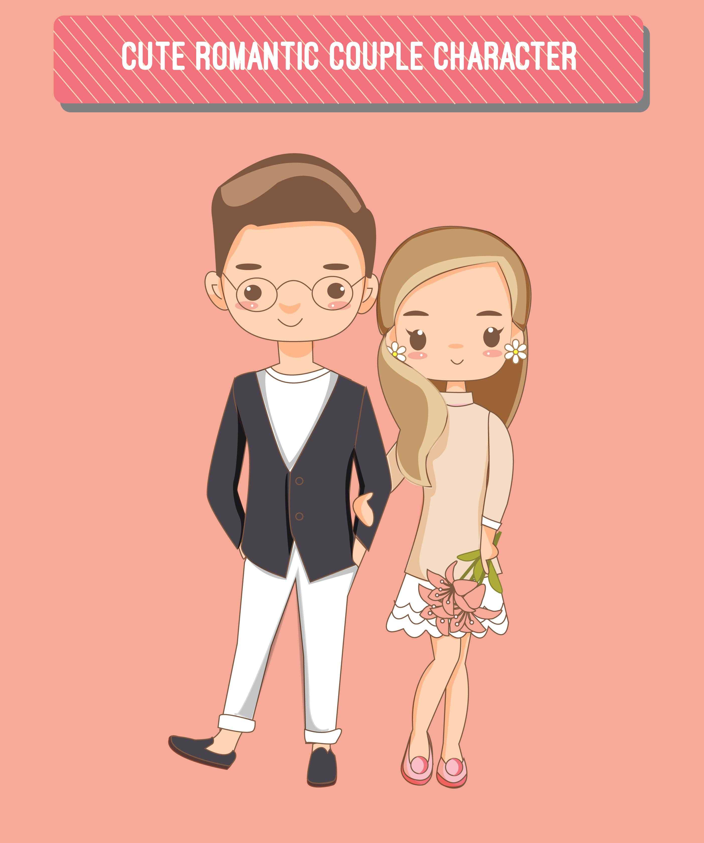 Cute Couple Cartoon 桌布 壁紙 — 一個可愛的卡通情侶在柔和的粉紅色背景前緊密地站在一起，女孩手持鮮花，兩人都帶著溫柔的微笑。