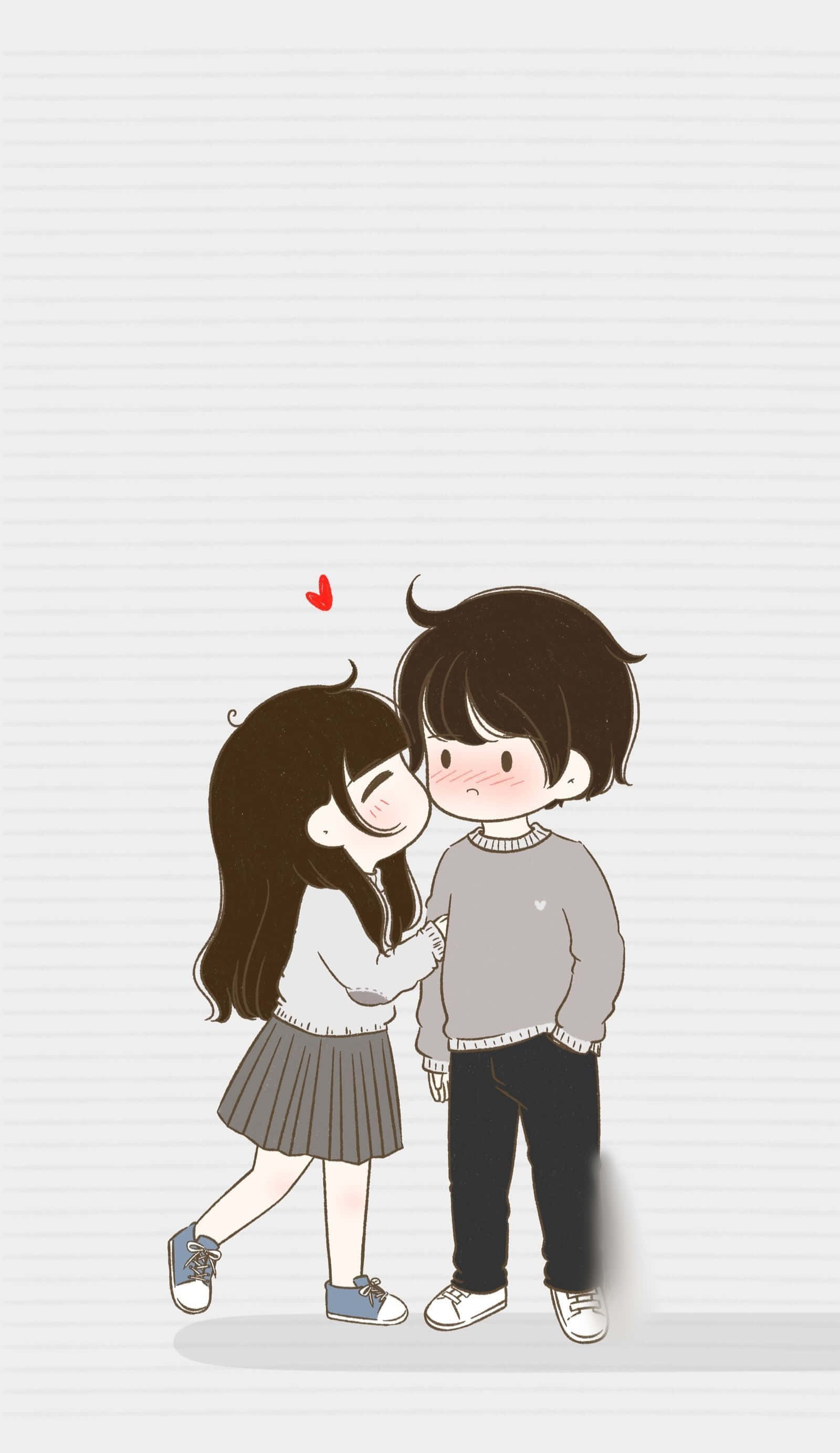 Couple Cartoon 桌布 壁紙 — 一個可愛的卡通情侶在線條紙背景上分享甜蜜時刻，頭頂上漂浮著一顆紅心。