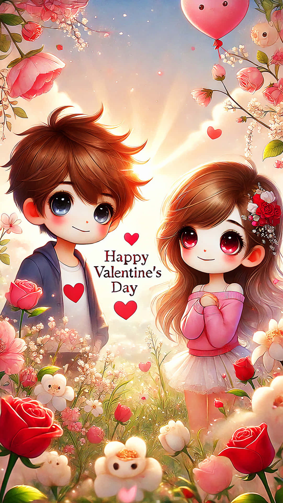 Valetine's day 壁紙 — 一個可愛的卡通情侶在陽光明媚的田野中微笑，田野裡有粉紅色和紅色的玫瑰、漂浮的心形和一個粉紅色的氣球。