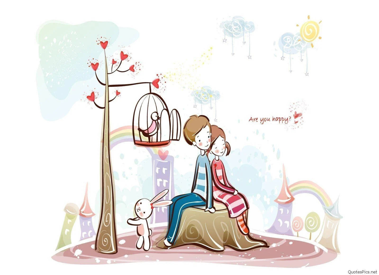 Cute Couple Cartoon 桌布 壁紙 — 一個可愛的卡通情侶坐在樹樁上，附近籠子裡有一隻鳥，一隻白兔揮手，彩虹在奇幻的天空中拱起。