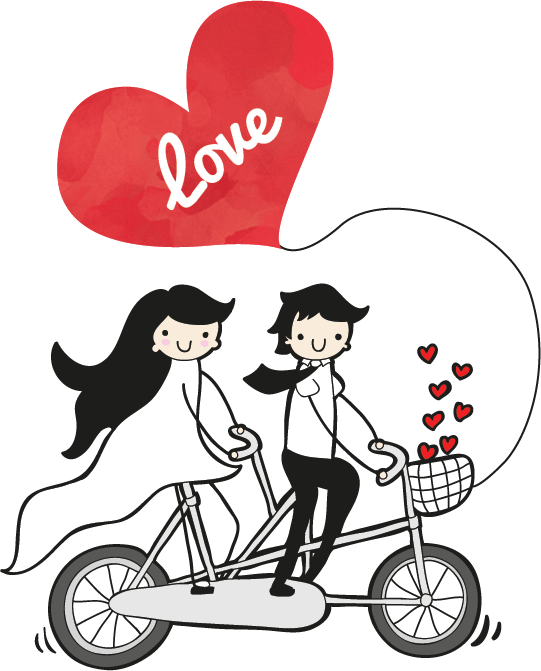 Marriage Clipart 桌布 壁紙 — 一個可愛的卡通情侶騎著雙人自行車，在一個標有愛的大紅心下方，後面有較小的愛心跟隨。