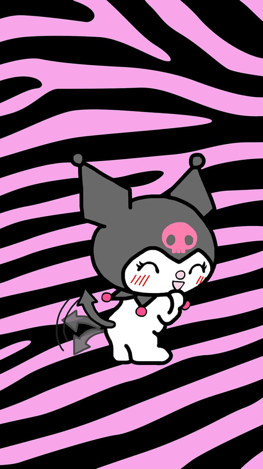 Hello Kitty And Friends 桌布 壁紙 — 一個可愛的卡通惡魔角色，頭上有一個粉紅色骷髏頭，站在大膽的粉紅色和黑色斑馬條紋背景前。