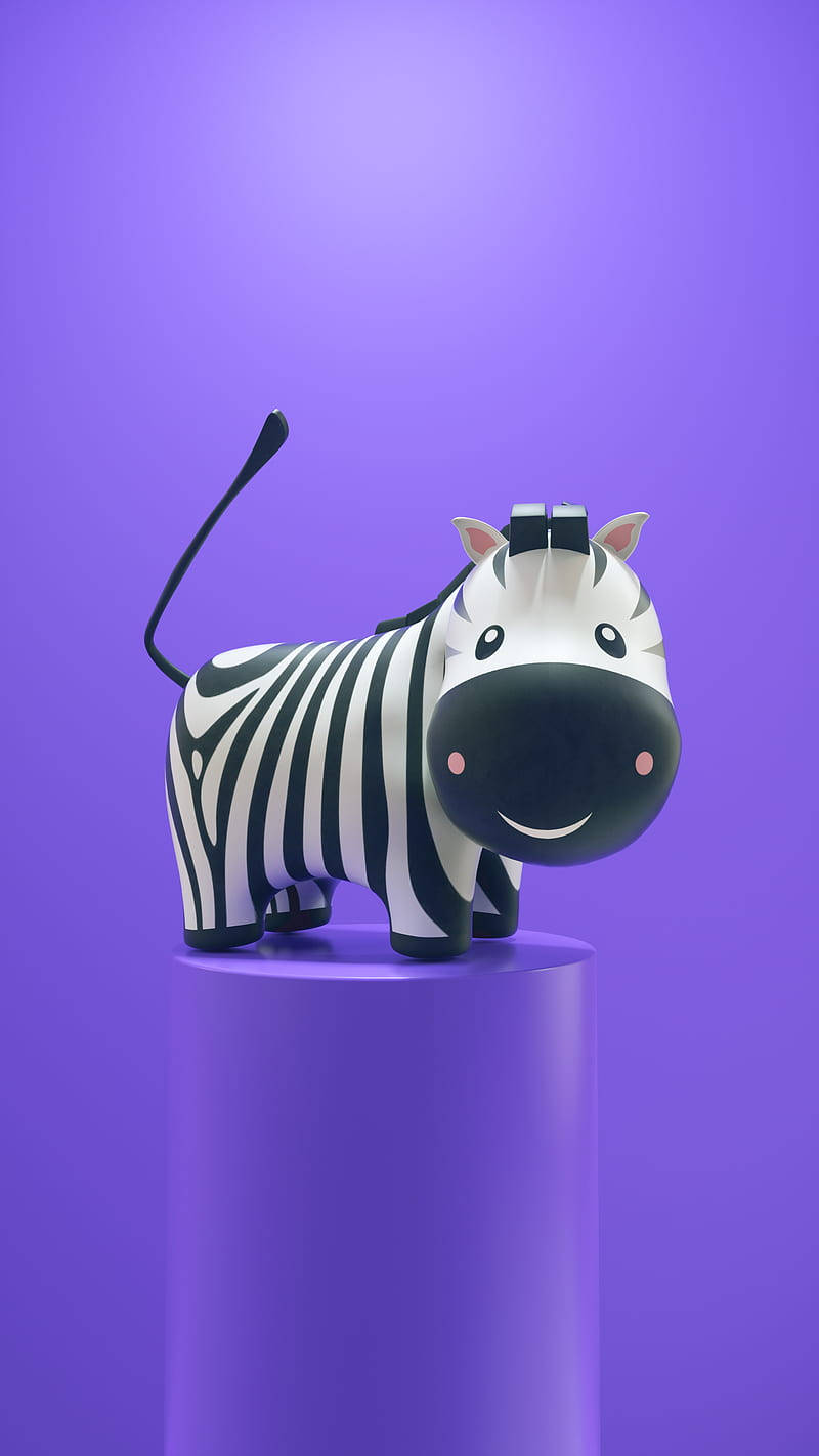 3D 桌布 壁紙 — 一個可愛的卡通斑馬公仔，面帶微笑，站在紫色底座上，背景是純紫色。