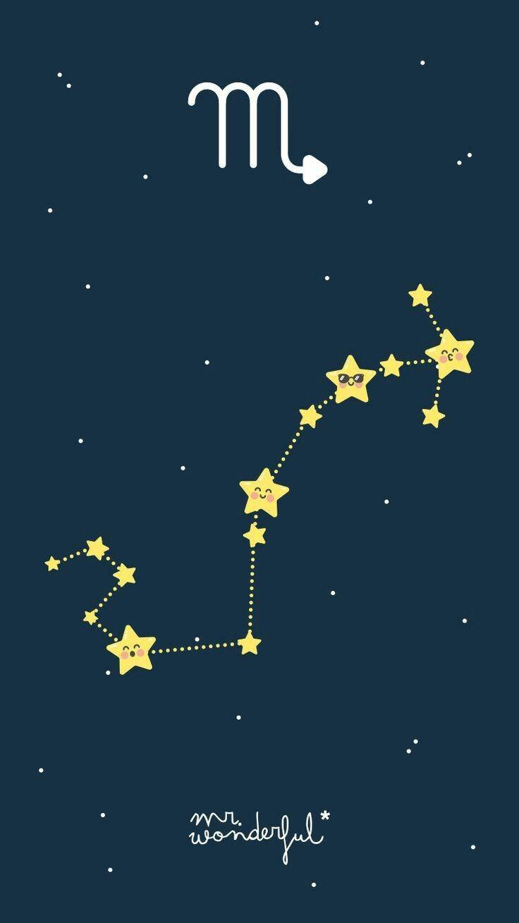 Scorpio 桌布 壁紙 — 一個可愛的卡通星座，有微笑的黃色星星，由虛線連接，背景是深藍色的夜空。