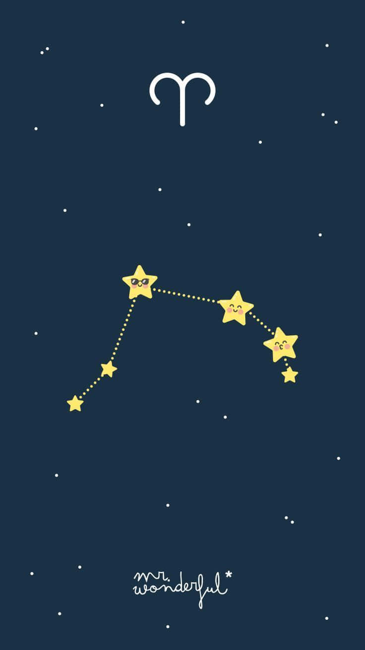 塗鴉動圖 桌布 壁紙 — 一個可愛的卡通星座，有微笑的黃色星星，由虛線連接，背景是深藍色的星空夜空。