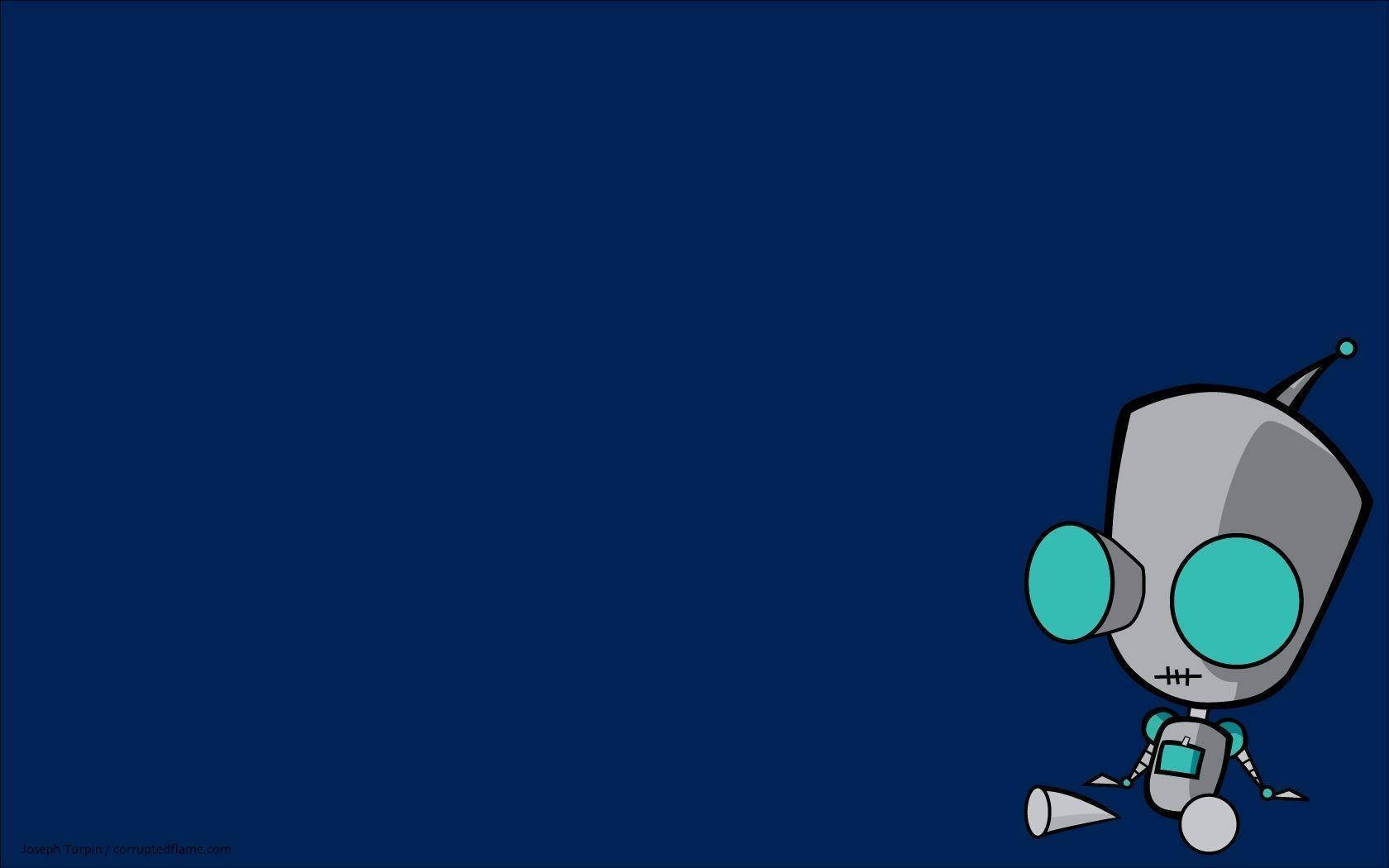 Invader Zim 桌布 壁紙 — 一個可愛的卡通機器人，擁有藍綠色眼睛，獨自坐在純深藍色背景前。