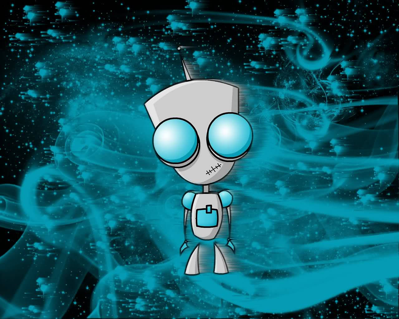 Invader Zim 桌布 壁紙 — 一個可愛的卡通機器人，有著大大的藍色眼睛，站在一個充滿星星和能量軌跡的旋轉青綠色宇宙背景中。
