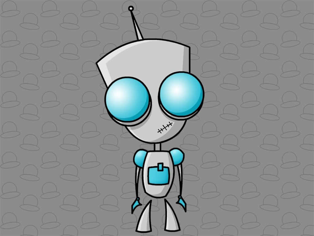 Invader Zim 桌布 壁紙 — 一個可愛的卡通機器人，有著大大的藍色眼睛和縫合的嘴巴，站在灰色背景前，背景上有模糊的帽子輪廓圖案。
