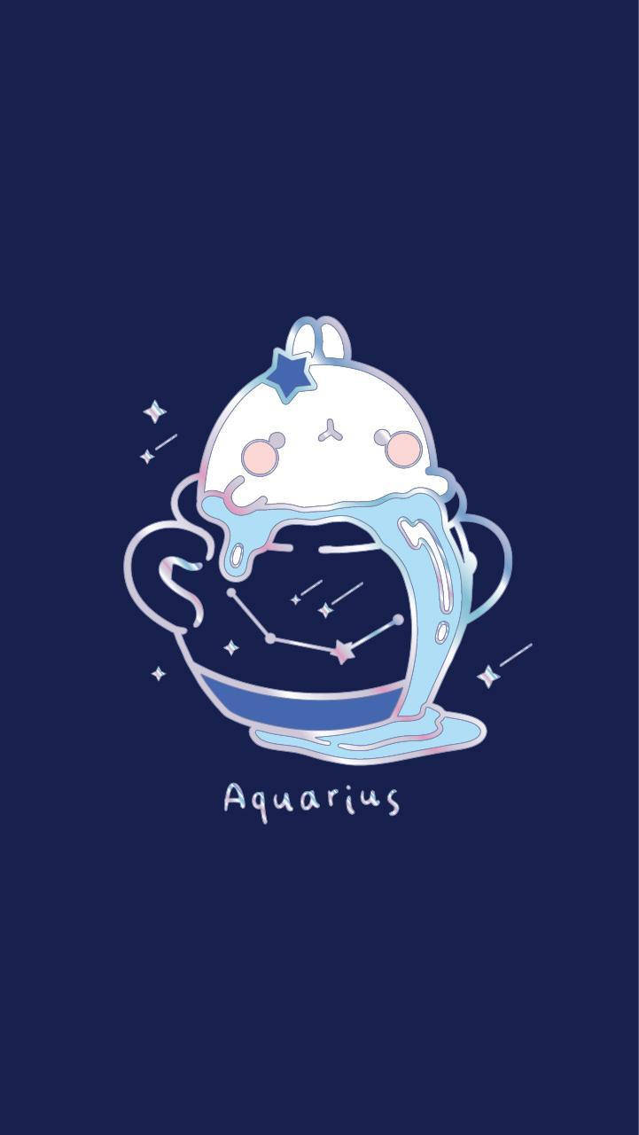 aquarius 桌布 壁紙 — 一個可愛的卡通水滴角色，體內有星群星座，背景為深藍色。