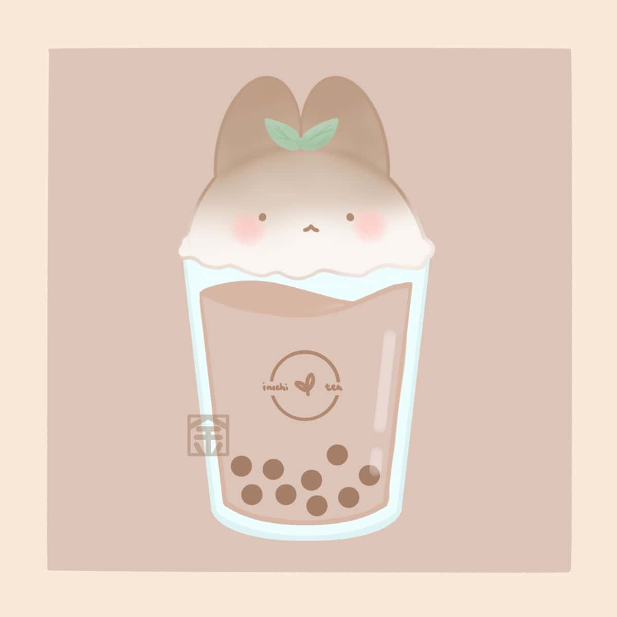 珍珠奶茶 桌布 壁紙 — 一個可愛的卡通泡泡茶飲，上面有兔耳朵和薄荷葉，背景是柔和的米色。
