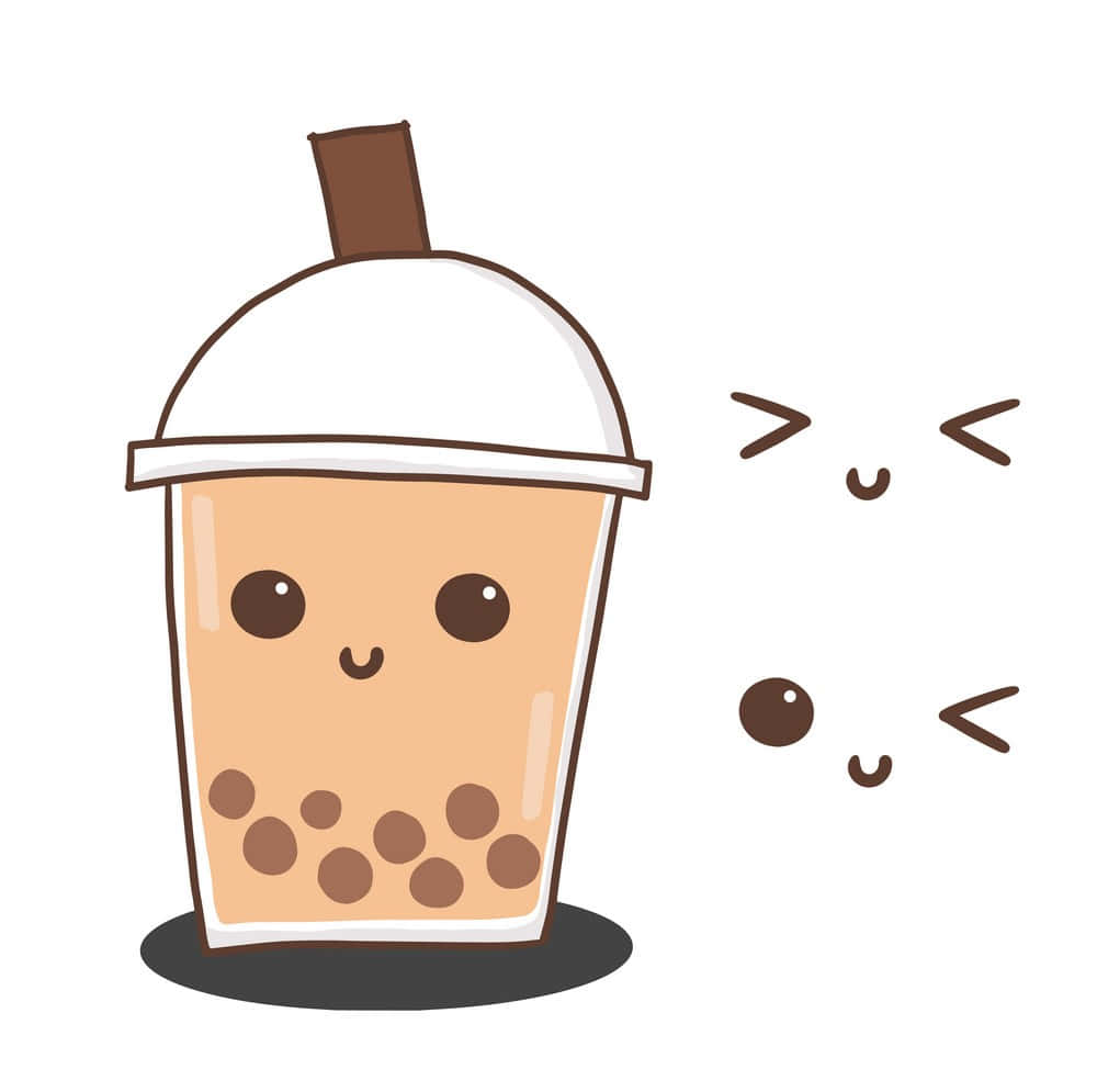 tea 桌布 壁紙 — 一個可愛的卡通波霸奶茶杯，帶有笑臉和裡面的棕色珍珠，旁邊還有一個頑皮的貓臉。