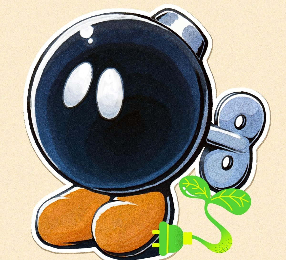 Bob-omb 桌布 壁紙 — 一個可愛的卡通炸彈角色，有大大的白色眼睛、橙色腳和一顆從插頭插座長出來的綠色嫩芽。
