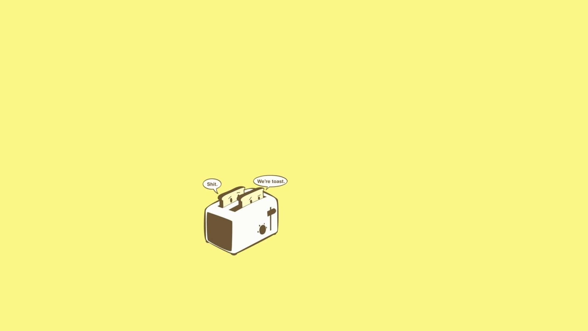 桌布 壁紙 — 一個可愛的卡通烤麵包機，吐司彈出，對話框寫著「Shh!」和「我們是吐司！」在純黃色背景上。
