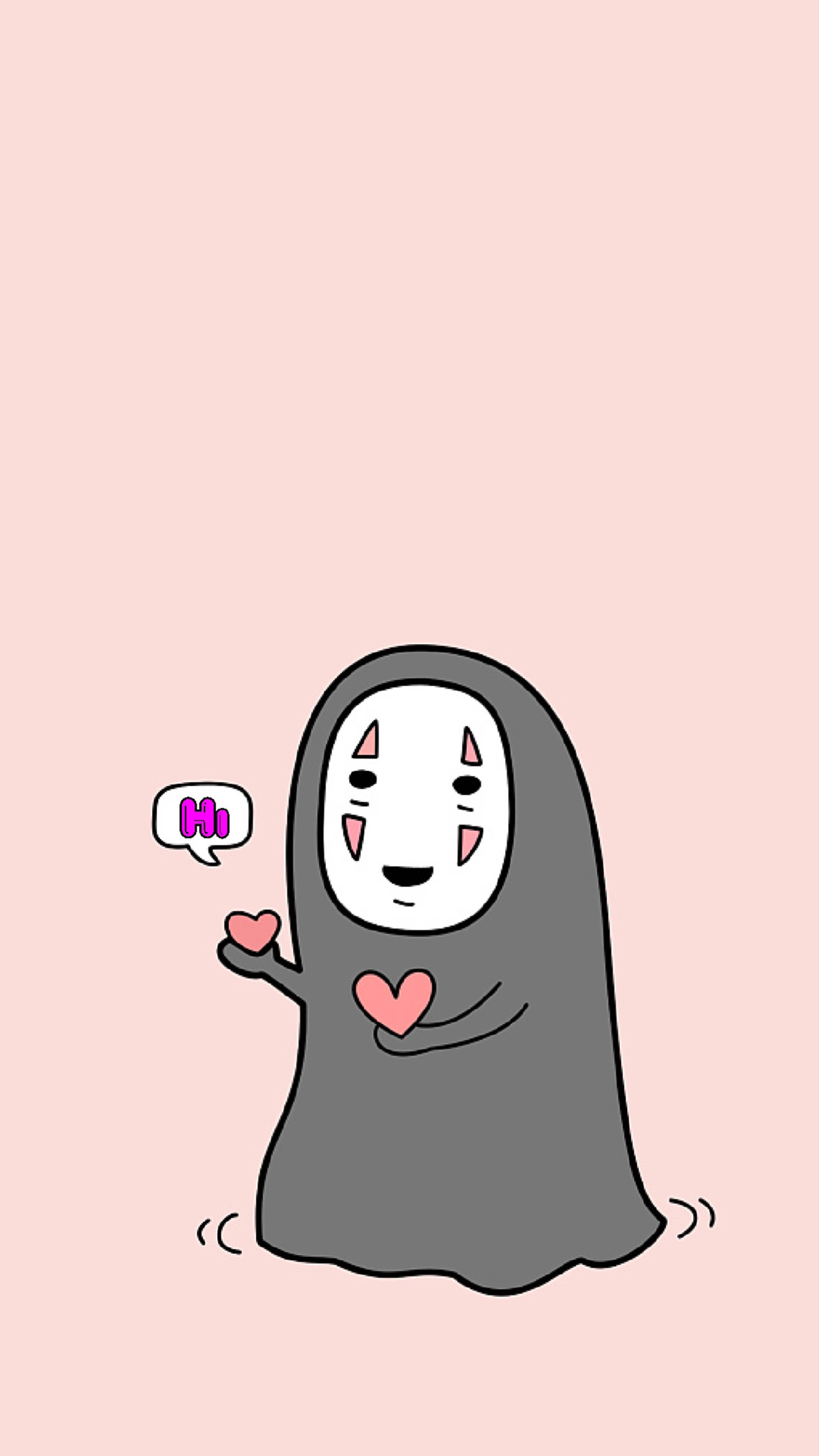 No Face 桌布 壁紙 — 一個可愛的卡通無臉男角色拿著粉紅色愛心，在柔和的粉紅色背景上說「嗨」。