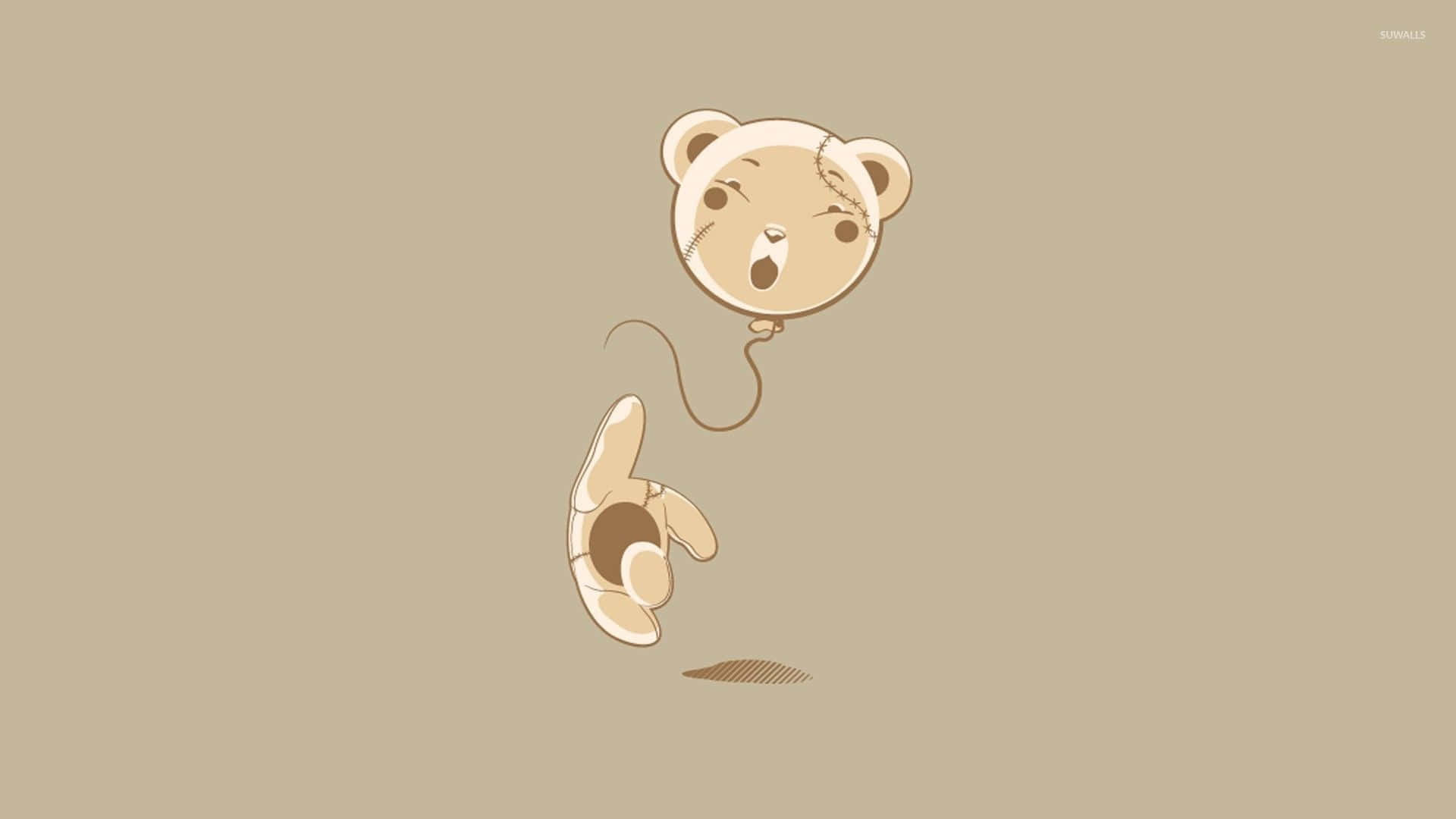 Teddy Bear 桌布 壁紙 — 一個可愛的卡通熊氣球向上漂浮，其縫合的身體在純米色背景上輕輕落下。