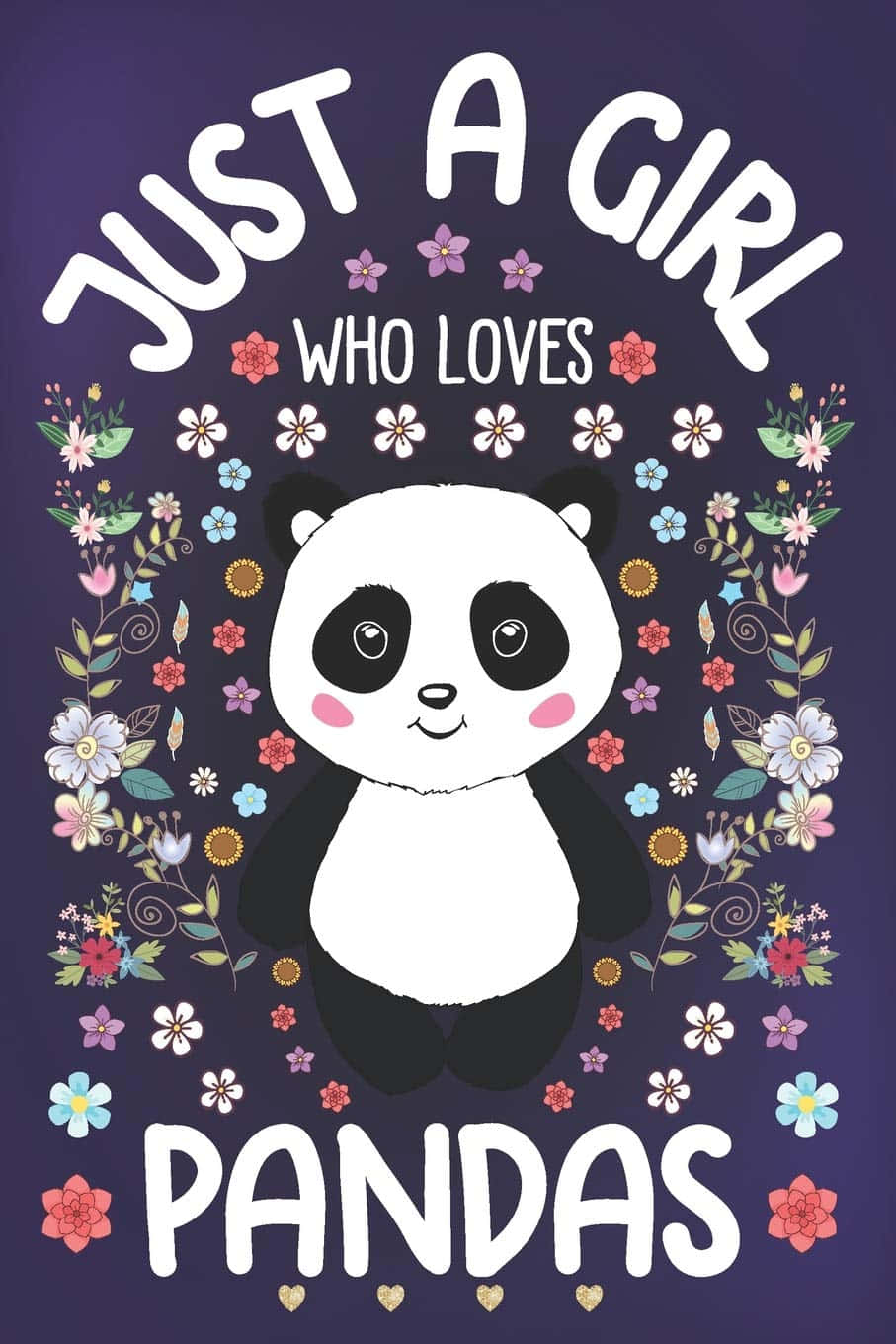 Cute Panda 桌布 壁紙 — 一個可愛的卡通熊貓被色彩繽紛的花朵環繞，背景為深紫色，上面寫著「Just a Girl Who Loves Pandas」。