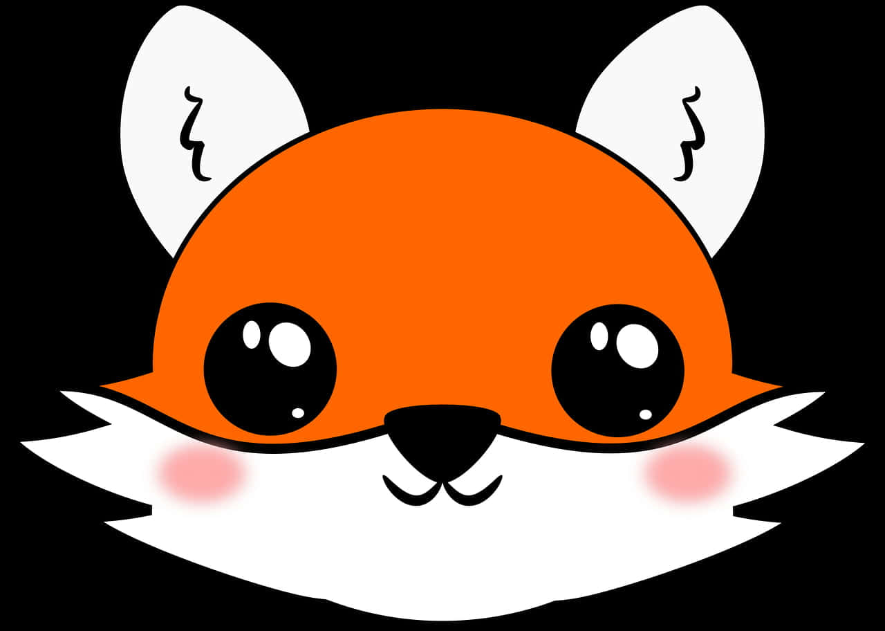 Kawaii Fox 桌布 壁紙 — 一個可愛的卡通狐狸臉，有大黑眼睛、白色耳朵和蓬鬆的白色臉頰，背景為黑色。