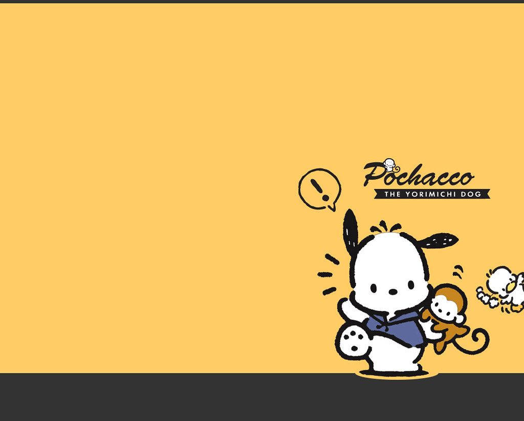 Pochacco 桌布 壁紙 — 一個可愛的卡通狗角色拿著猴子玩具，站在黃色背景上，帶有對話氣泡和標誌。