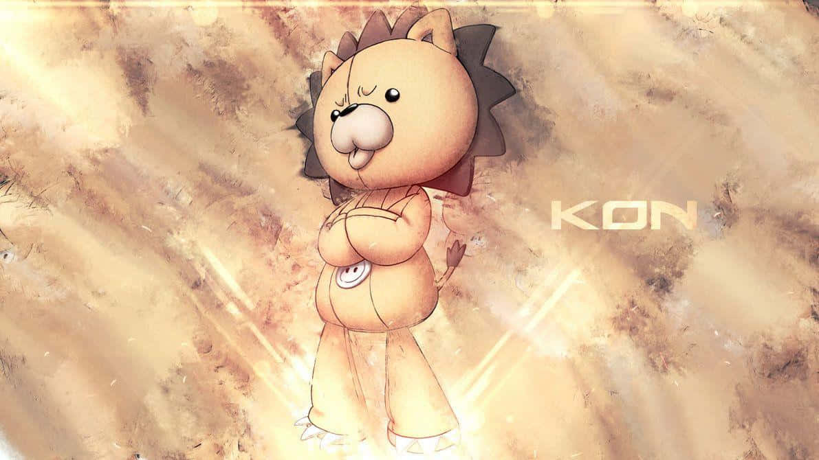 Bleach Kon 桌布 壁紙 — 一個可愛的卡通獅子角色交叉雙臂，自信地站在溫暖的紋理背景前，伴隨著發光的光線。