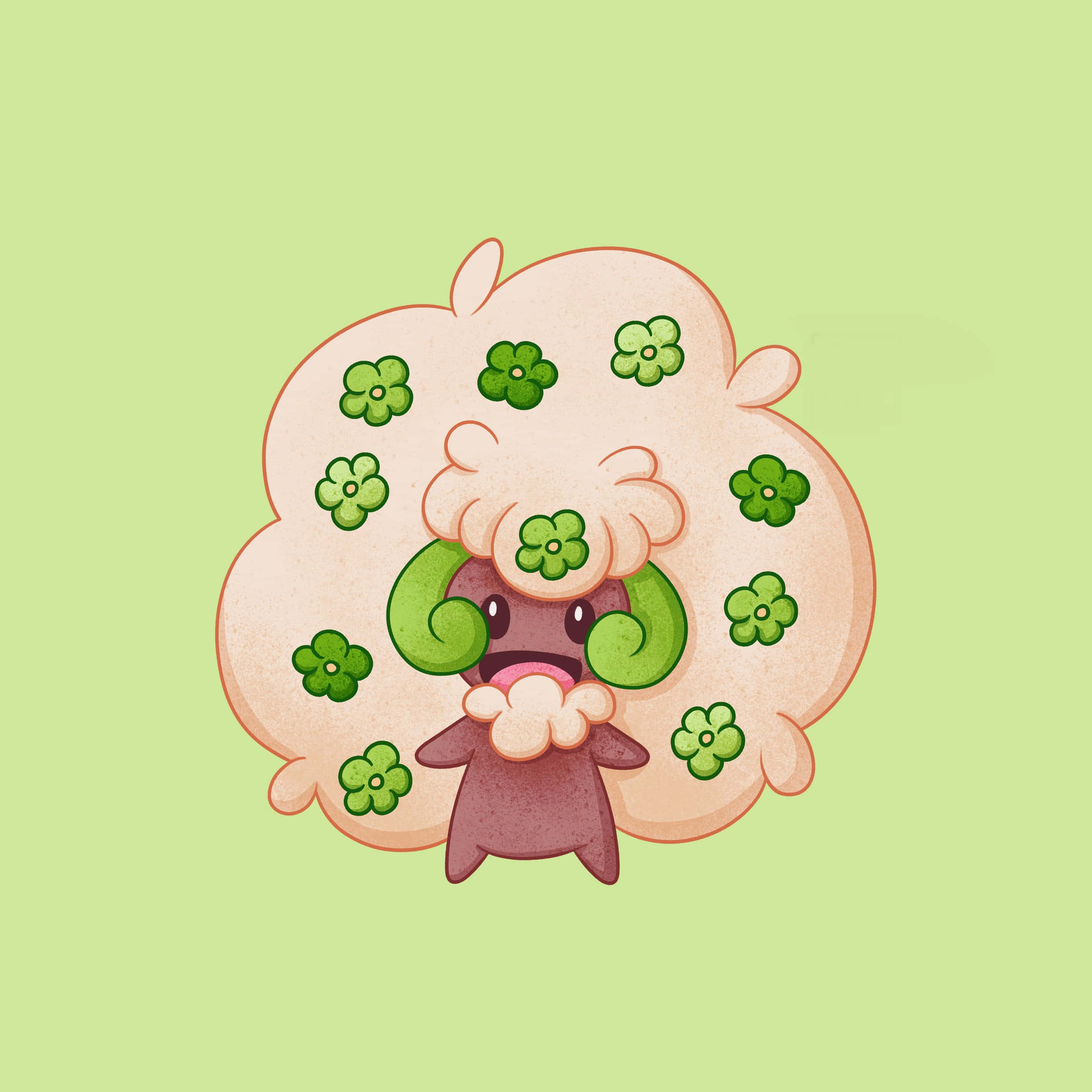Pokemon Aesthetic 桌布 壁紙 — 一個可愛的卡通生物，擁有毛茸茸的粉紅色身體和綠色三葉草圖案，在柔和的綠色背景上微笑。