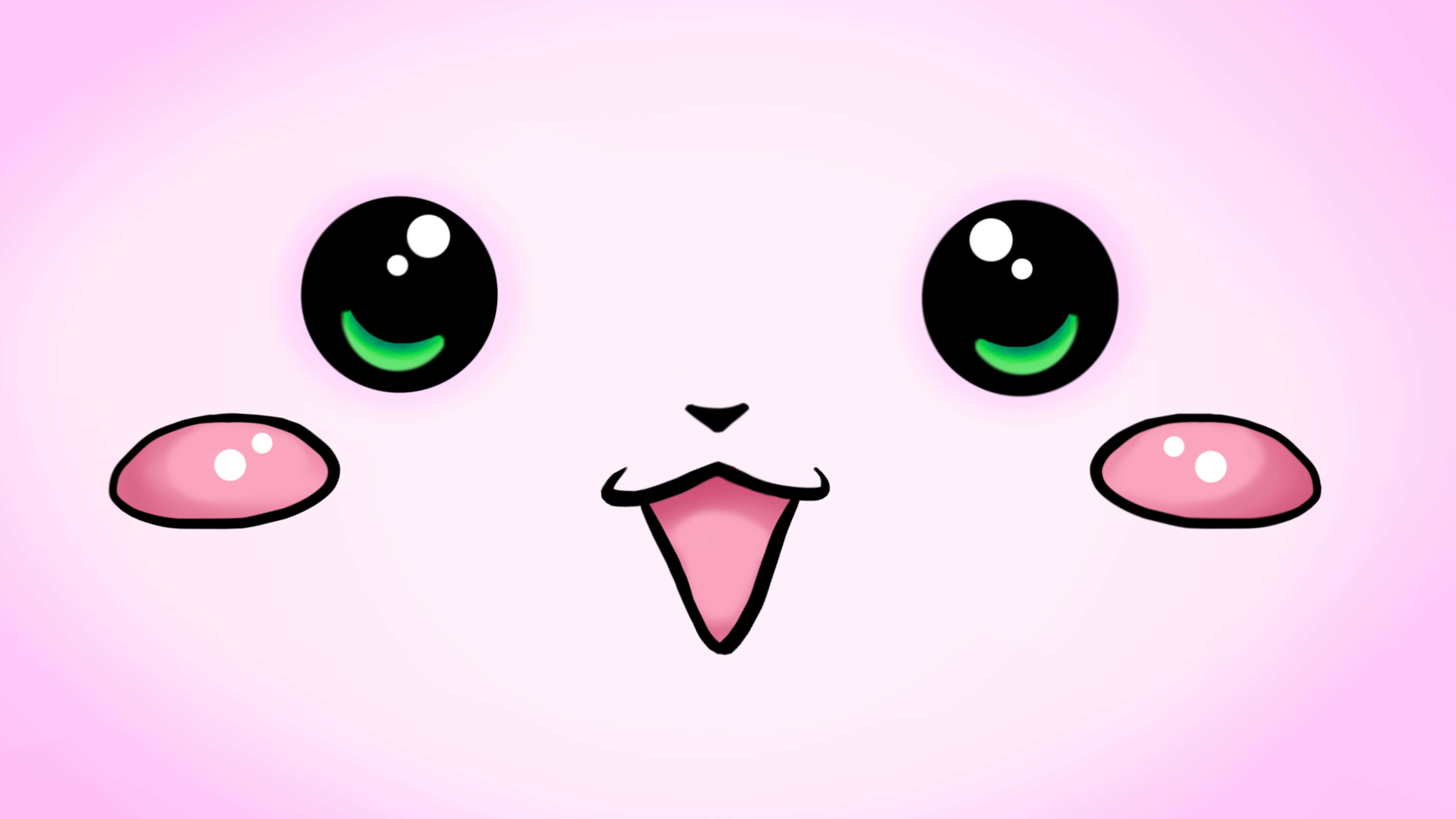 Cute Kawaii 桌布 壁紙 — 一個可愛的卡通生物，有大黑眼睛、綠色瞳孔、粉紅臉頰和伸出舌頭，在柔和的粉紅色背景上。